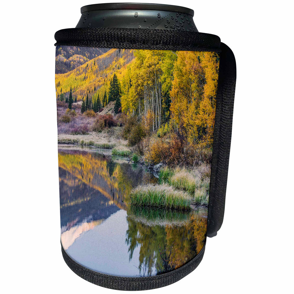3dRose Danita Delimont - Lakes - Fall color and Red Mountain reflected on Crystal Lake, Ouray, Colorado - Can Cooler Bottle Wrap (cc_278687)