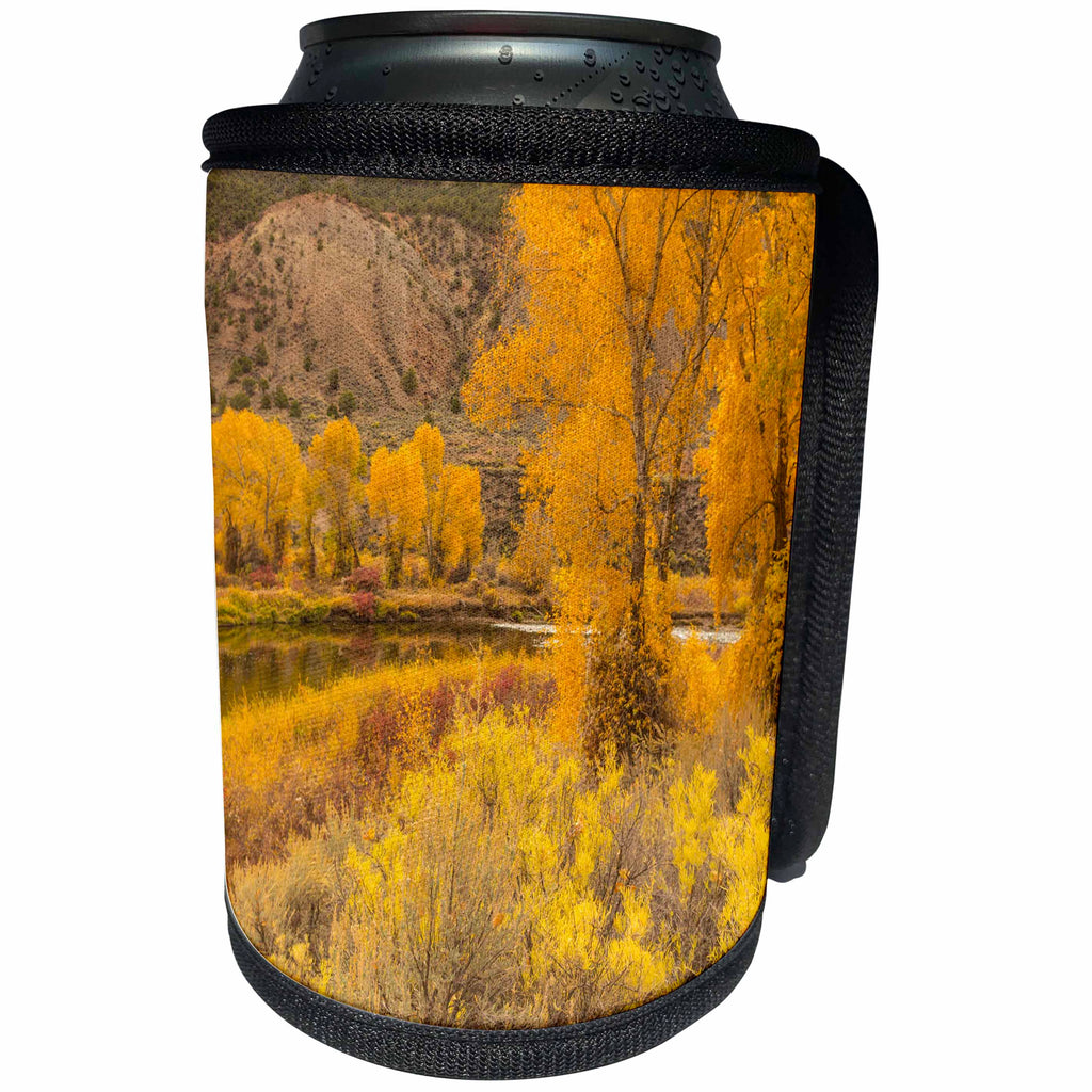 3dRose Danita Delimont - Forests - USA, Colorado, Eagle River. Cottonwoods in fall color and river. - Can Cooler Bottle Wrap (cc_278791)