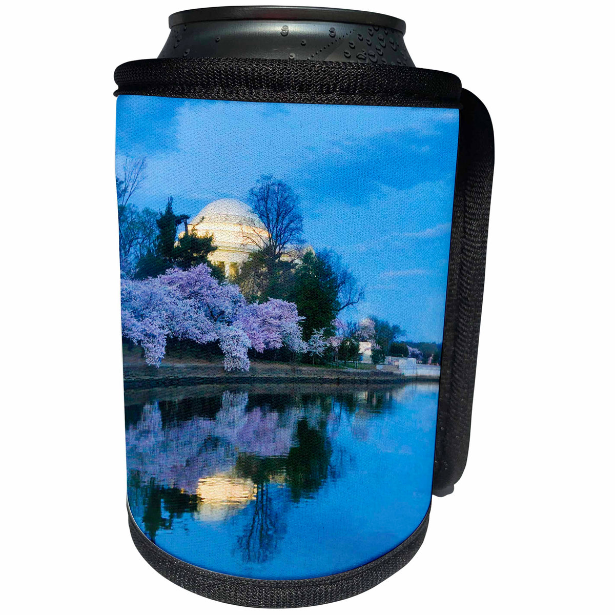 3dRose Danita Delimont - Memorials - Washington DC, Jefferson Memorial with Cherry Blossoms at Sunrise - Can Cooler Bottle Wrap (cc_278850)
