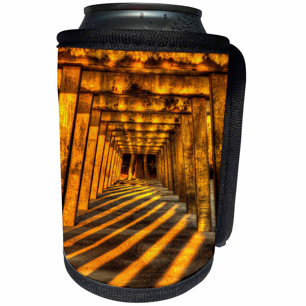 3dRose Danita Delimont - Patterns - USA, Georgia, Tybee Island. Tybee Pier with shadows at sunrise. - Can Cooler Bottle Wrap (cc_278912)