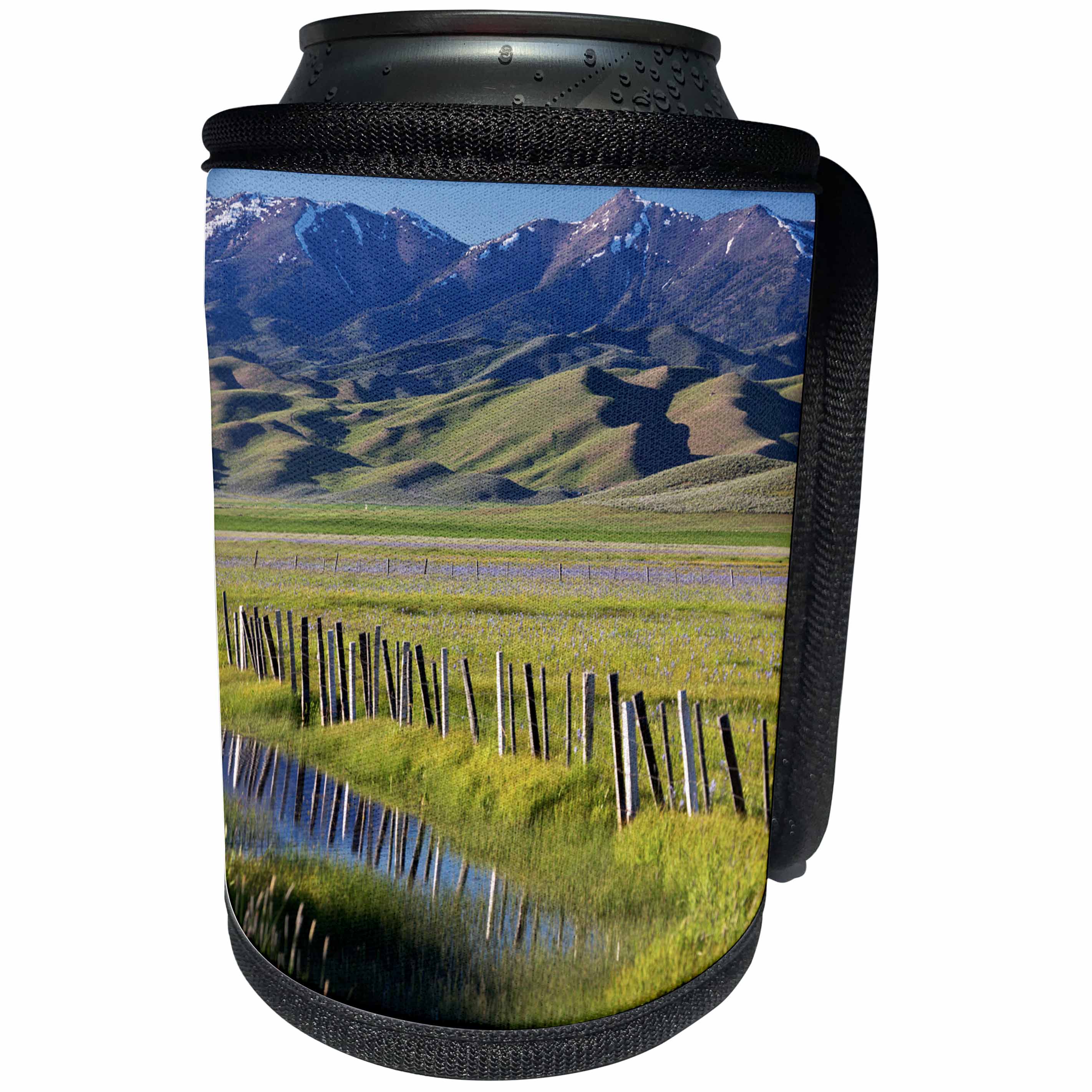 3dRose Danita Delimont - Mountains - Idaho, Fairfield, Camas Prairie, Creek and fence in the Camas Prairie - Can Cooler Bottle Wrap (cc_278970)