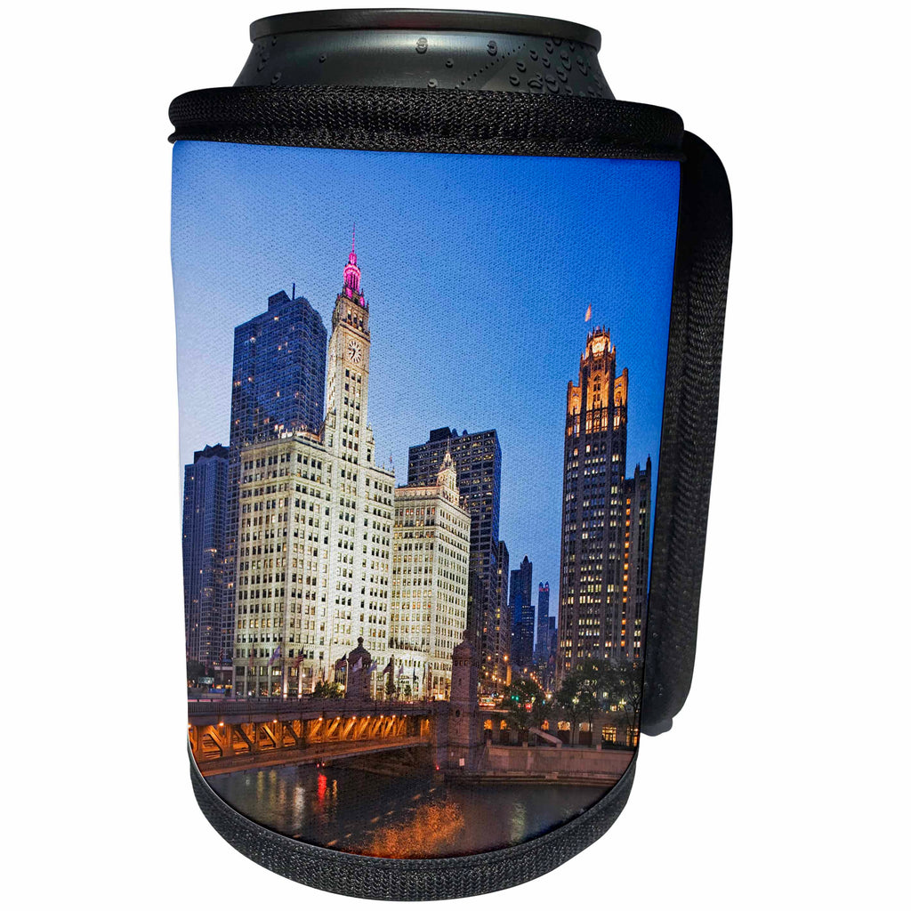 3dRose Danita Delimont - Illinois - Illinois, Chicago. Downtown skyscrapers light up at dusk. - Can Cooler Bottle Wrap (cc_278971)