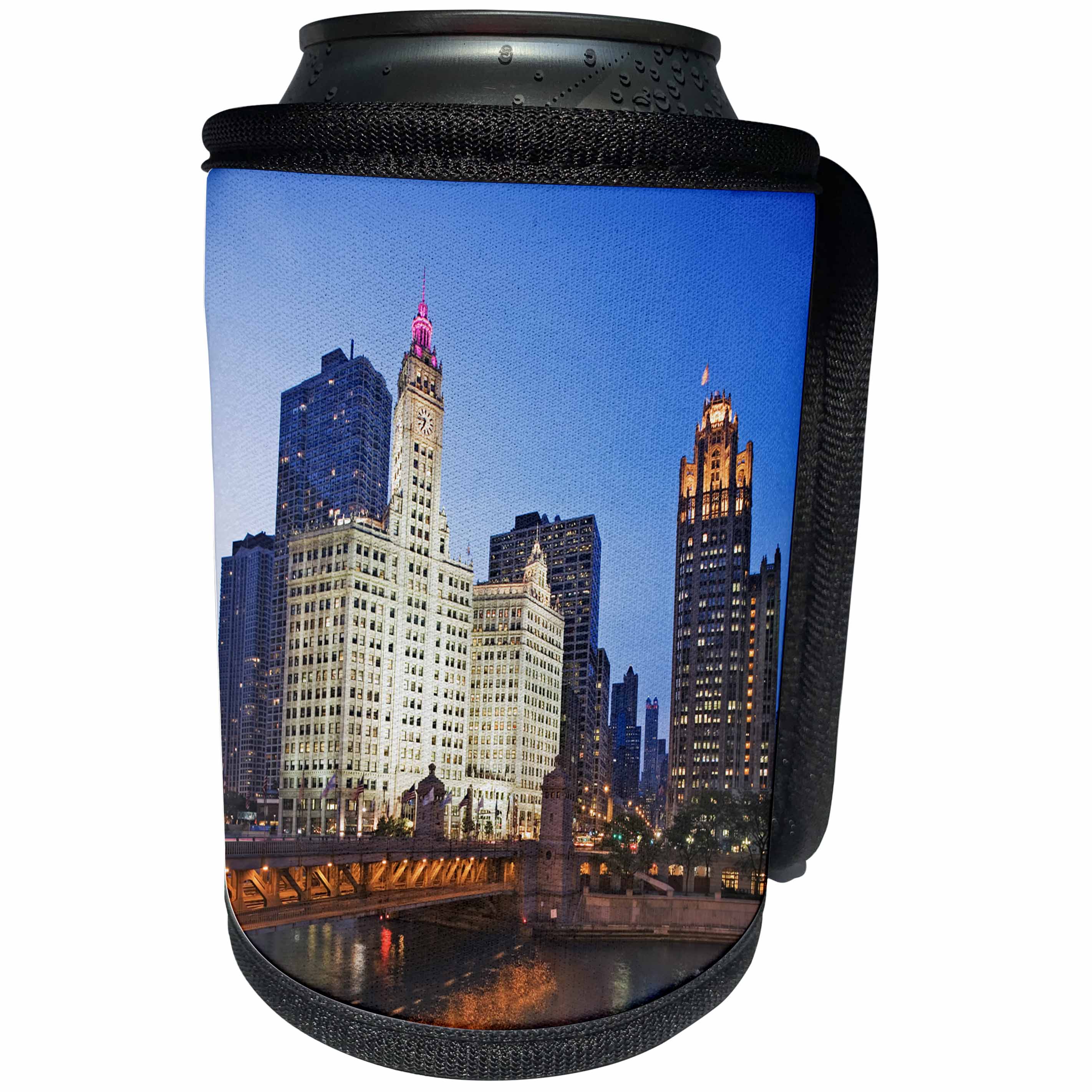 3dRose Danita Delimont - Illinois - Illinois, Chicago. Downtown skyscrapers light up at dusk. - Can Cooler Bottle Wrap (cc_278971)