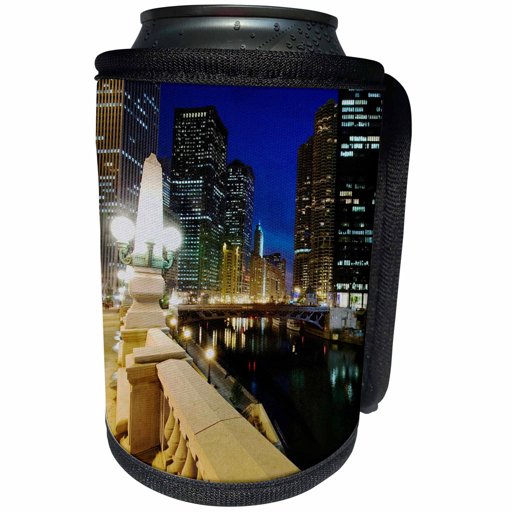 3dRose Danita Delimont - Illinois - USA, Illinois, Chicago. Night along the Chicago River. - Can Cooler Bottle Wrap (cc_278972)