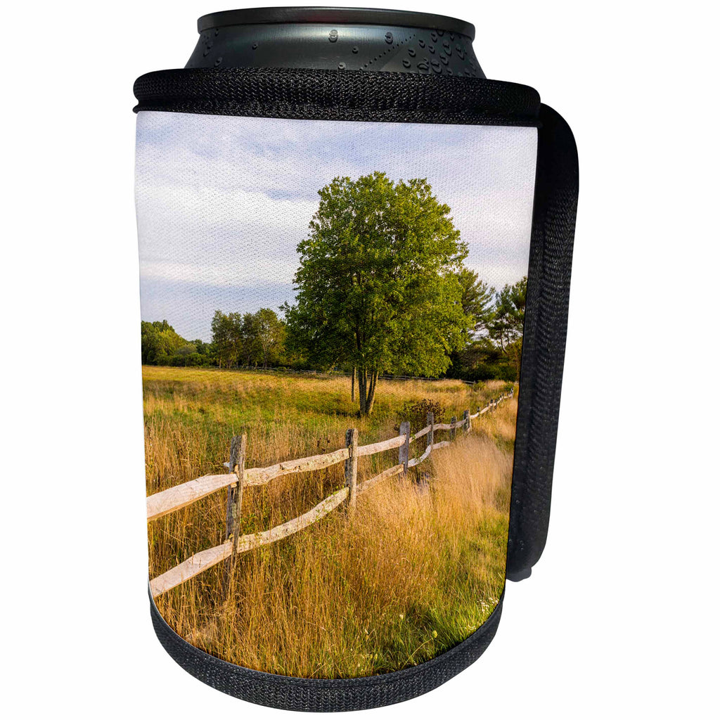 3dRose Danita Delimont - Agriculture - A fence lines a field in Ipswich, Massachusetts. - Can Cooler Bottle Wrap (cc_279036)