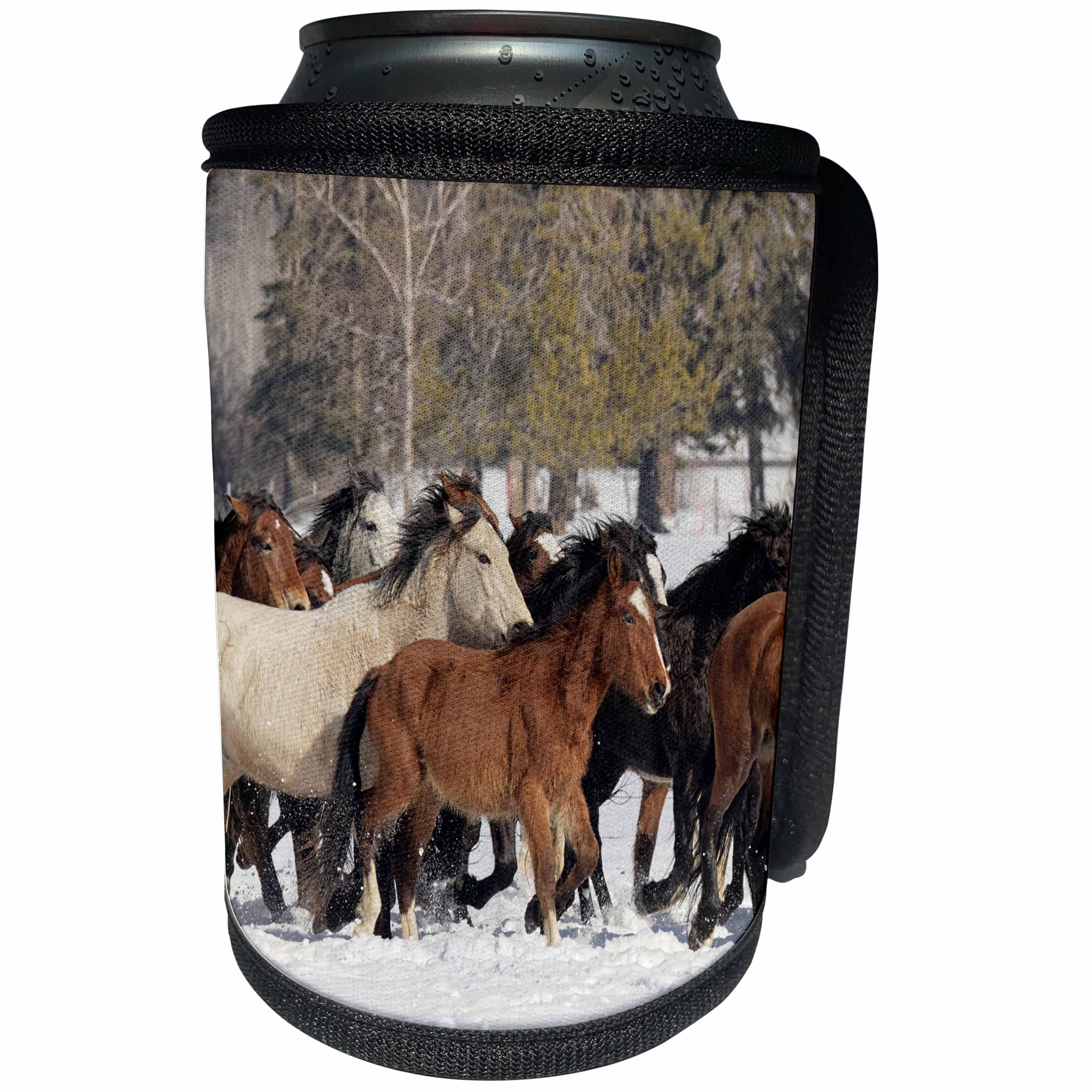 3dRose Danita Delimont - Horses - Her of wild horses during roundup in winter, Kalispell, Montana - Can Cooler Bottle Wrap (cc_279168)