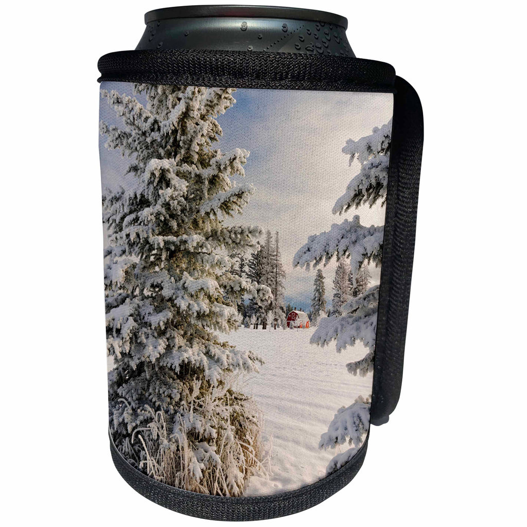 3dRose Danita Delimont - Winter - Classic red barn and snow scene, Kalispell, Montana - Can Cooler Bottle Wrap (cc_279194)