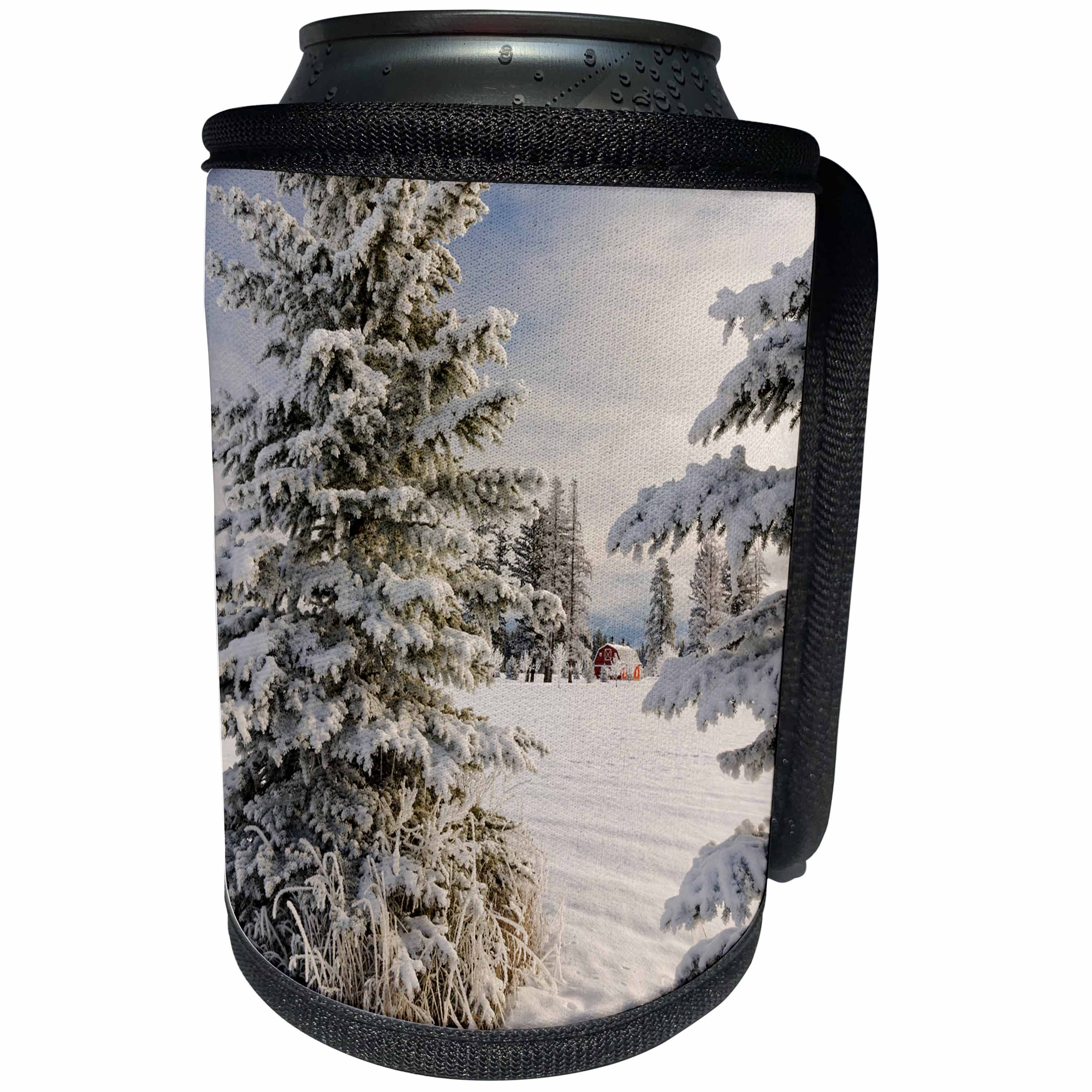3dRose Danita Delimont - Winter - Classic red barn and snow scene, Kalispell, Montana - Can Cooler Bottle Wrap (cc_279194)