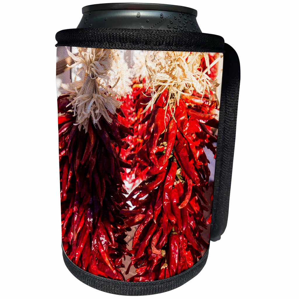 3dRose Danita Delimont - Food - USA, New Mexico, Sant Fe, Red Chili peppers on string. Santa Fe - Can Cooler Bottle Wrap (cc_279247)