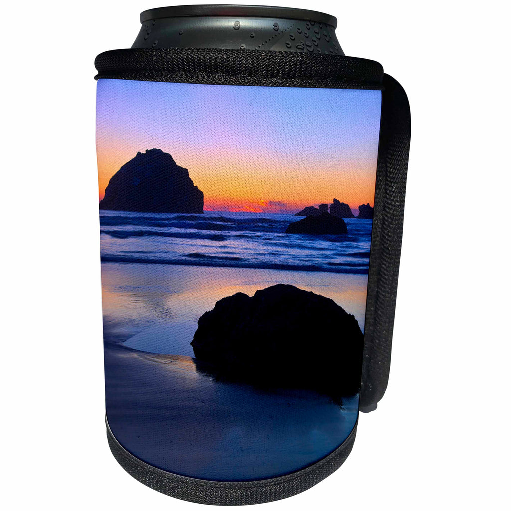 3dRose Danita Delimont - Beaches - USA, Oregon, Bandon. Sunset behind sea stacks on beach. - Can Cooler Bottle Wrap (cc_279302)