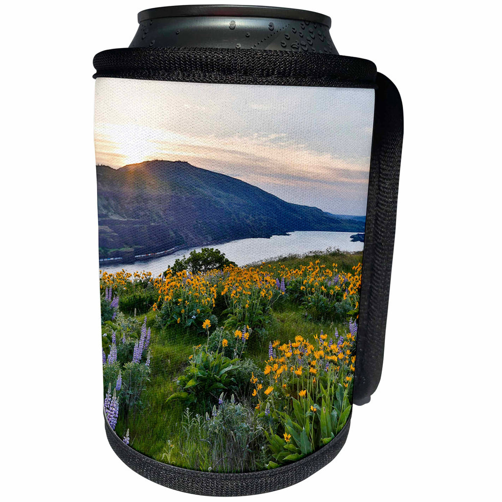 3dRose Danita Delimont - Flowers - Fields of Balsamroot and Lupine above Columbia River, Rowena, Oregon - Can Cooler Bottle Wrap (cc_279327)