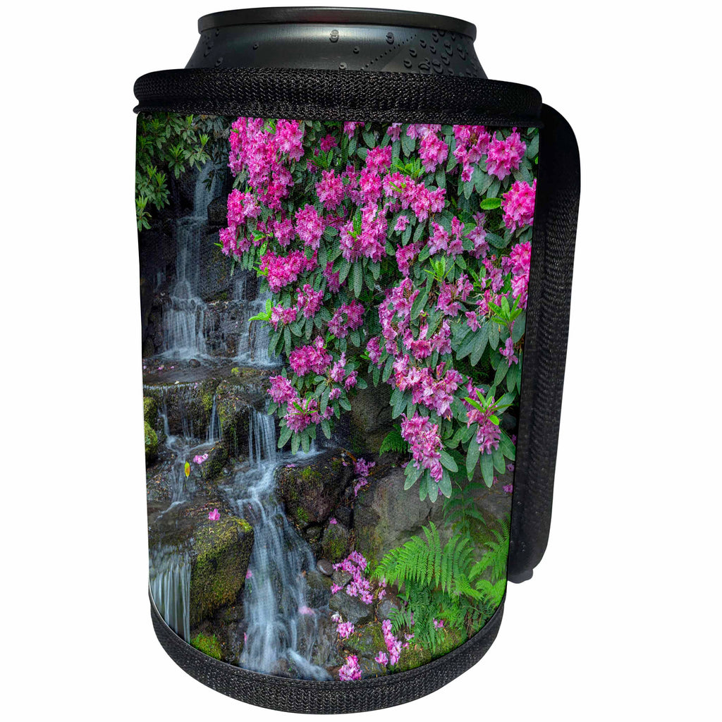 3dRose Danita Delimont - Waterfalls - Oregon, Portland, Rhododendron blooms alongside waterfall and ferns. - Can Cooler Bottle Wrap (cc_279355)