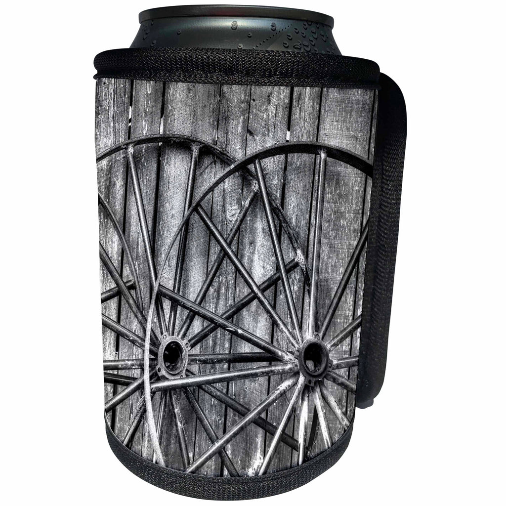3dRose Danita Delimont - Western - Black and white photo of old wagon wheels, Charleston, South Carolina - Can Cooler Bottle Wrap (cc_279406)