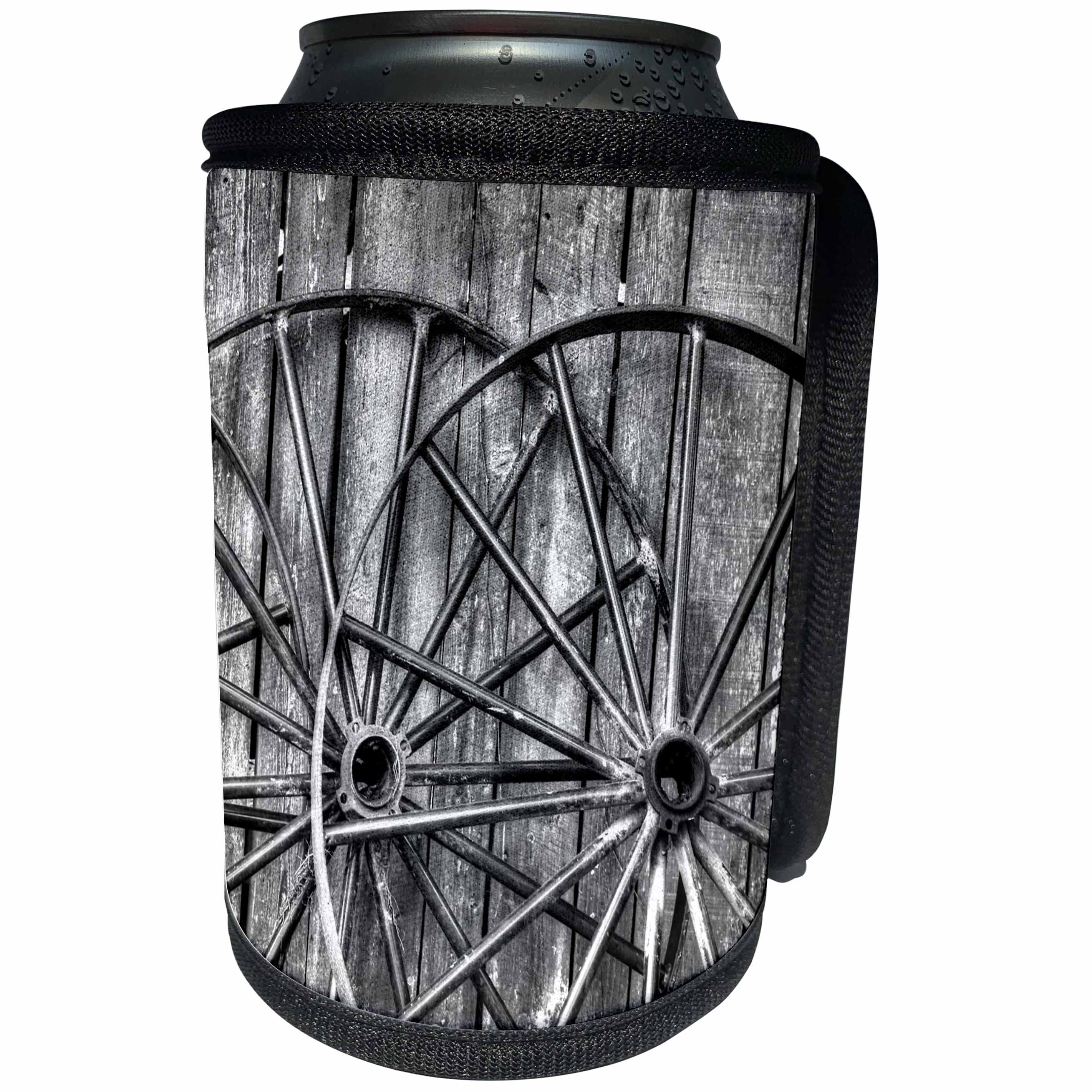 3dRose Danita Delimont - Western - Black and white photo of old wagon wheels, Charleston, South Carolina - Can Cooler Bottle Wrap (cc_279406)