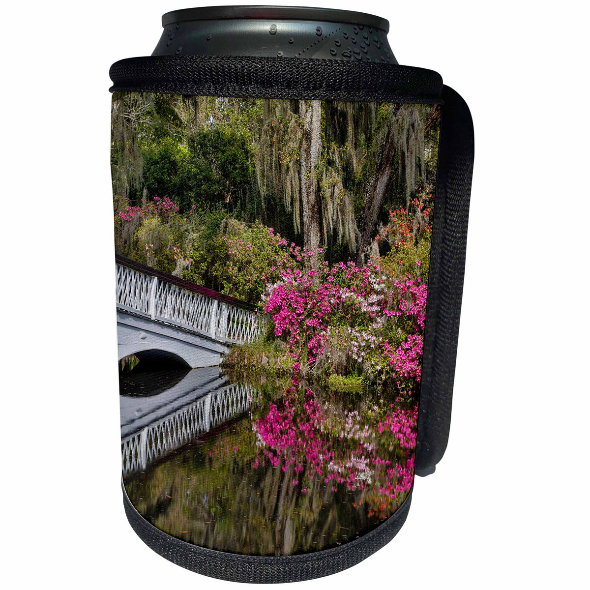 3dRose Danita Delimont - Gardens - Bridge crossing garden pond, Charleston, South Carolina. - Can Cooler Bottle Wrap (cc_279411)