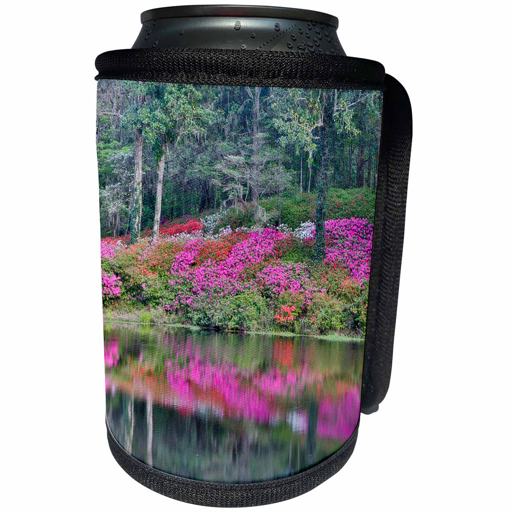 3dRose Danita Delimont - Gardens - Azaleas in bloom reflected in calm pond, Charleston, South Carolina - Can Cooler Bottle Wrap (cc_279413)