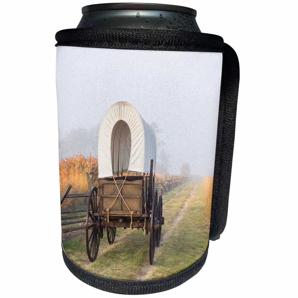 3dRose Danita Delimont - Western - Washington, Whitman Mission. Wagon along a foggu Oregon Trail. - Can Cooler Bottle Wrap (cc_279624)
