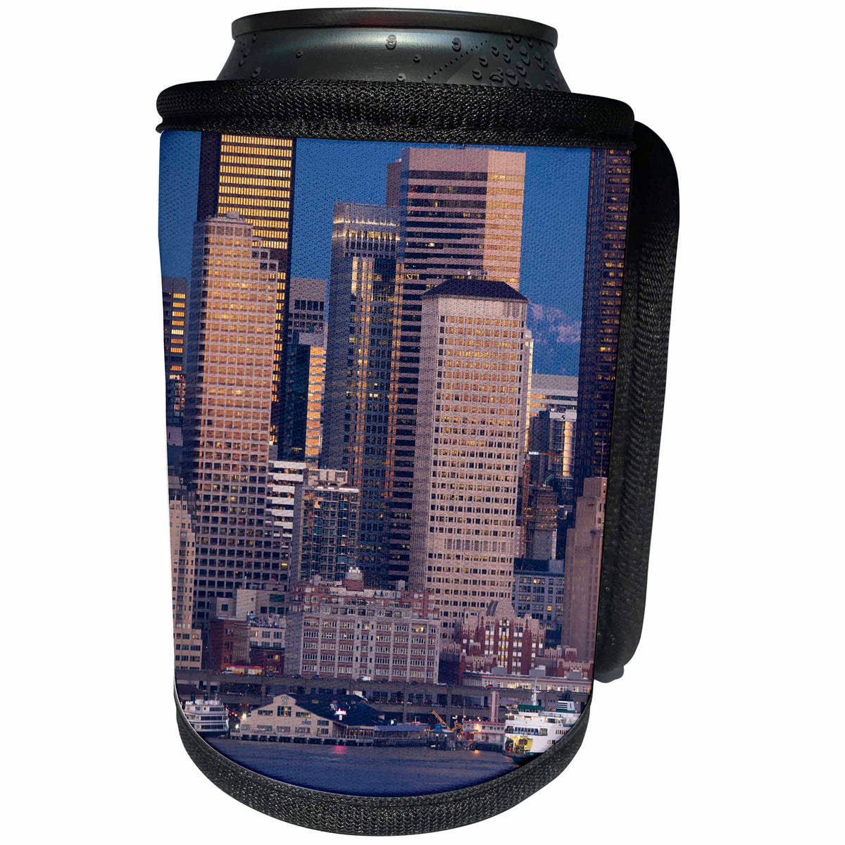3dRose Danita Delimont - Cities - Downtown Seattle and waterfront in the evening, Seattle, WA - Can Cooler Bottle Wrap (cc_279698)