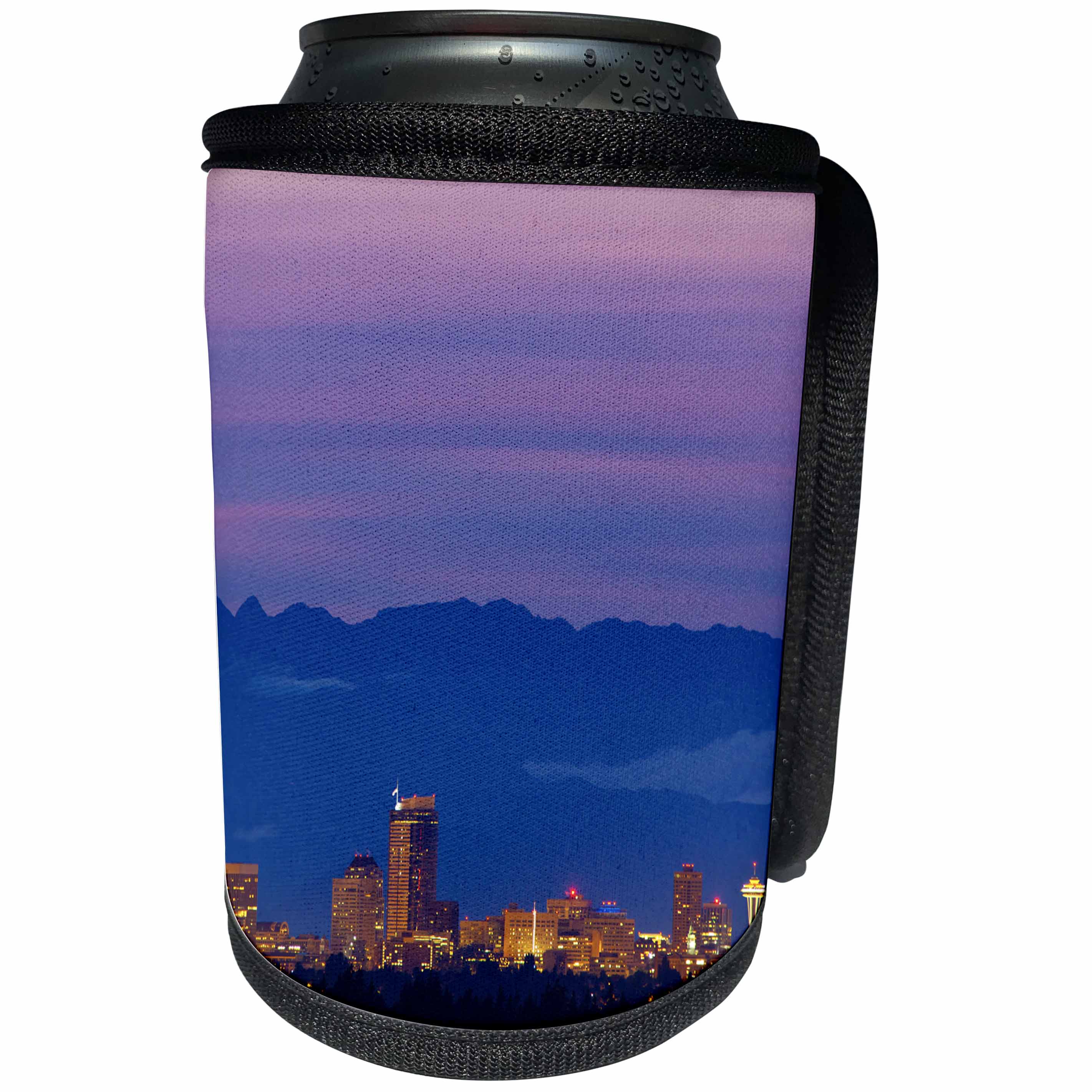 3dRose Danita Delimont - Cities - Washington, Seattle, downtown skyline with Space Needle and Mountains. - Can Cooler Bottle Wrap (cc_279727)