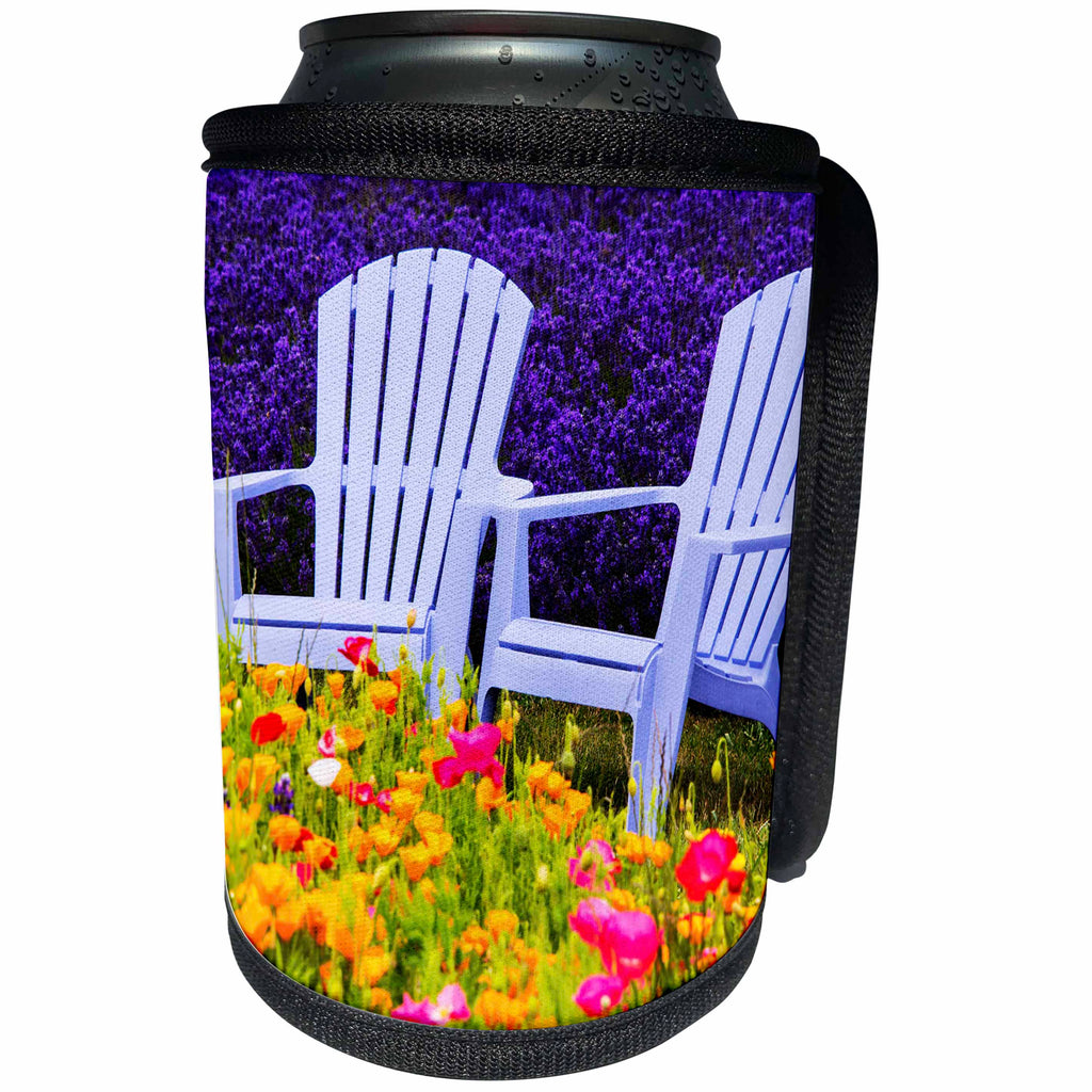 3dRose Danita Delimont - Gardens - USA, Washington, Adirondack chairs In Field of Lavender and Poppies - Can Cooler Bottle Wrap (cc_279767)