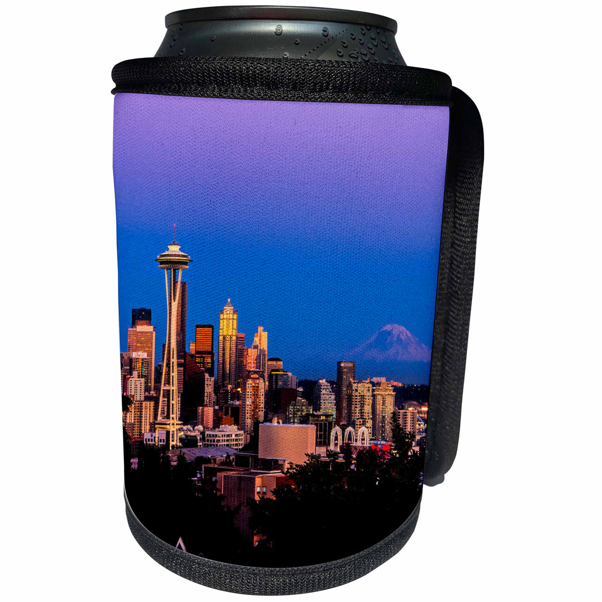 3dRose Danita Delimont - Cities - USA, Washington State, Seattle Skyline with Mount Rainier at dusk. - Can Cooler Bottle Wrap (cc_279786)