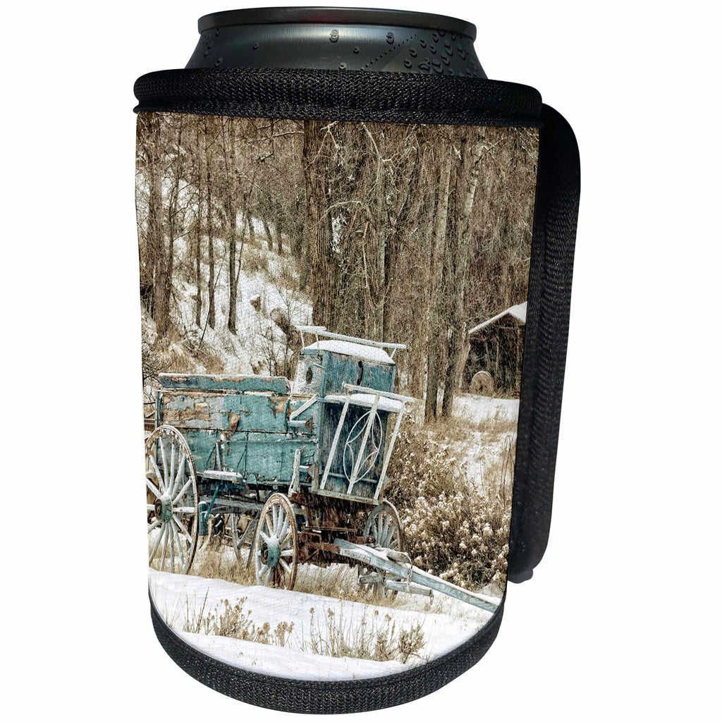 3dRose Danita Delimont - Western - USA, Wyoming, Shell, Blue Wagon in Snow - Can Cooler Bottle Wrap (cc_279819)