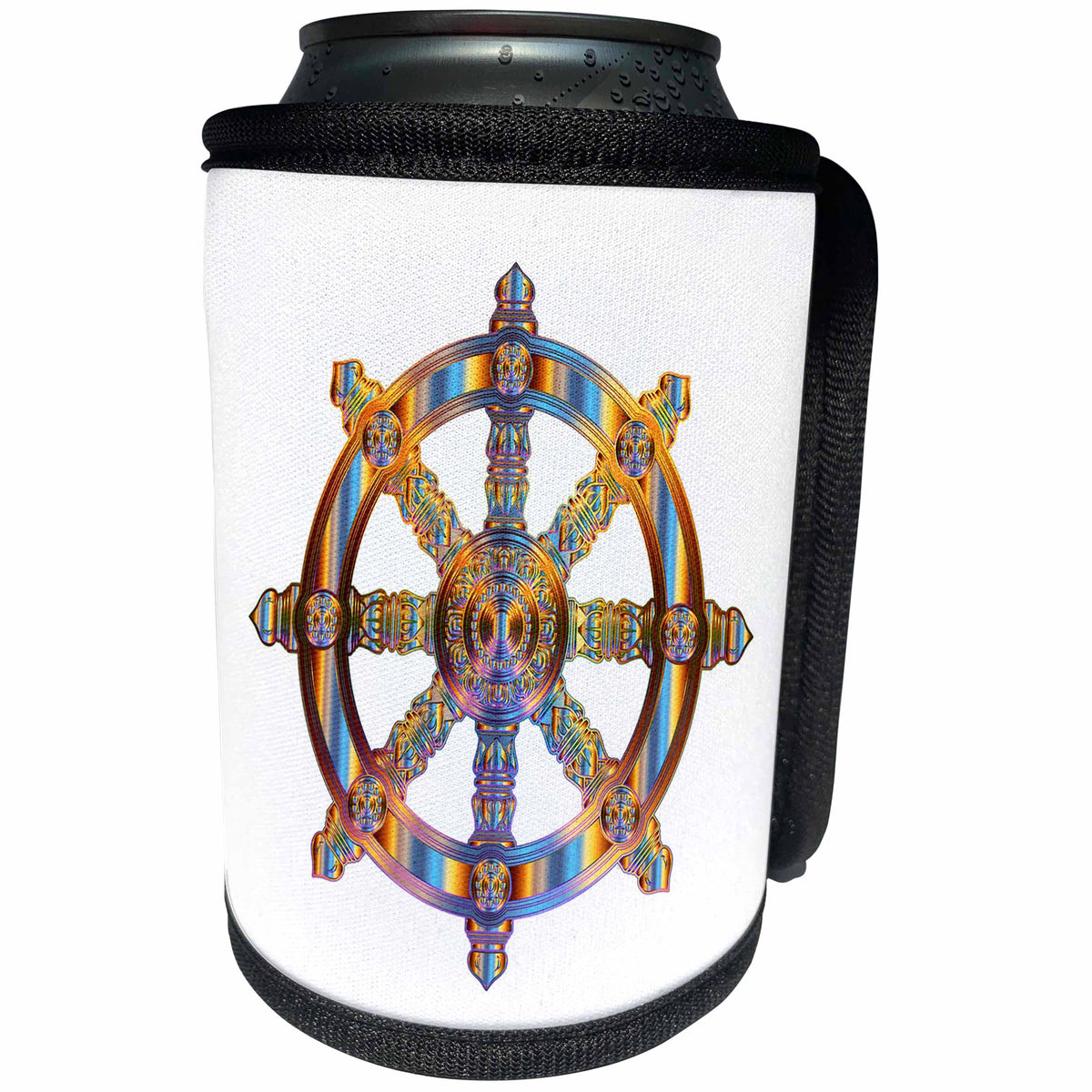 3dRose Metallic Prism Art - Image of Metallic Buddha Wheel - Can Cooler Bottle Wrap (cc_279943)