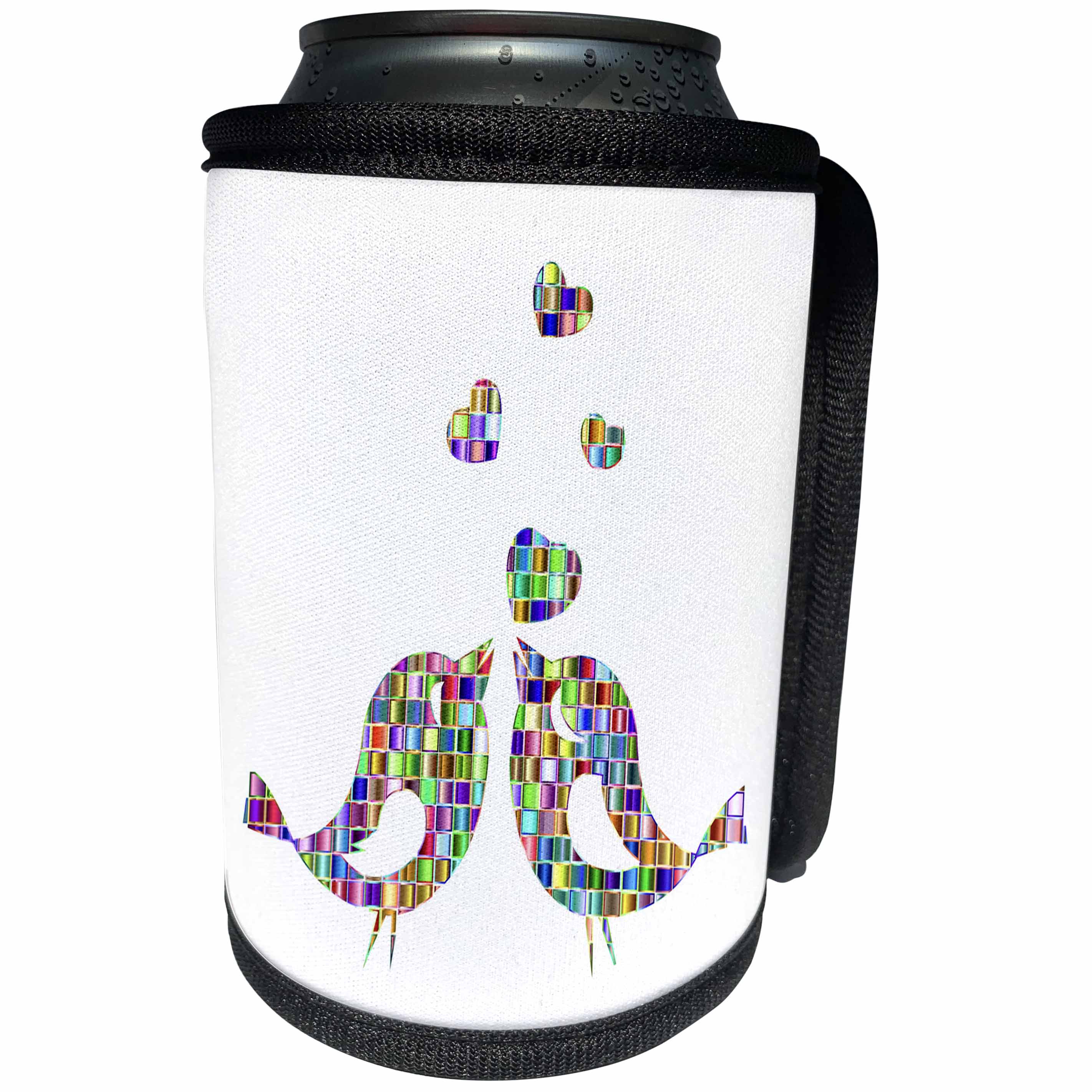 3dRose Metallic Prism Art - Image of Metallic Love Birds With Hearts - Can Cooler Bottle Wrap (cc_279944)