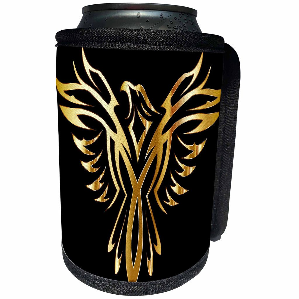 3dRose Metallic Gold - Image of Metallic Gold Phoenix On Black - Can Cooler Bottle Wrap (cc_279965)