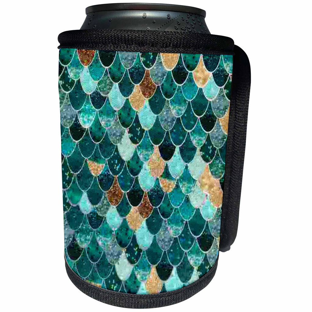 3dRose Mermaid - Image of Close Up Of Aqua, Gold and Copper Mermaid Scales - Can Cooler Bottle Wrap (cc_279969)