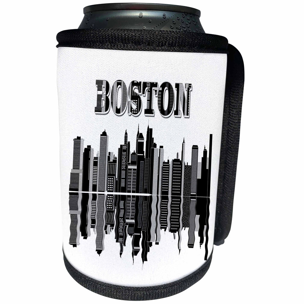 3dRose Black and White - Image of Boston Skyline Reflected In Water Black and White - Can Cooler Bottle Wrap (cc_279980)