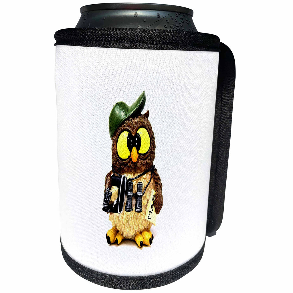3dRose Cartoon Animal Humor - Image of Humorous Cartoon Owl With Map and Binoculars - Can Cooler Bottle Wrap (cc_279983)