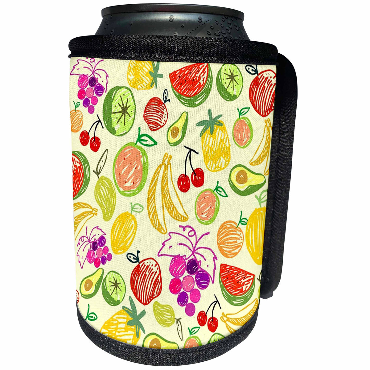 3dRose Toss Patterns - Image of Cartoon Fruits and Vegetables - Can Cooler Bottle Wrap (cc_279988)