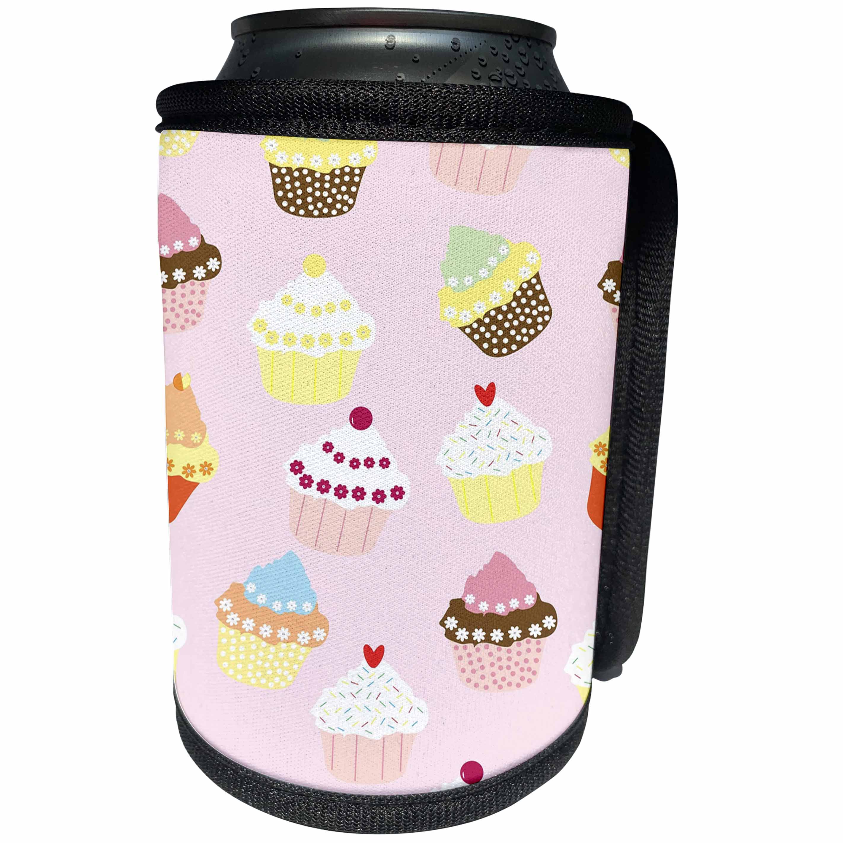 3dRose Toss Patterns - Image of Assorted Pastel Cupcakes On Pink - Can Cooler Bottle Wrap (cc_279990)