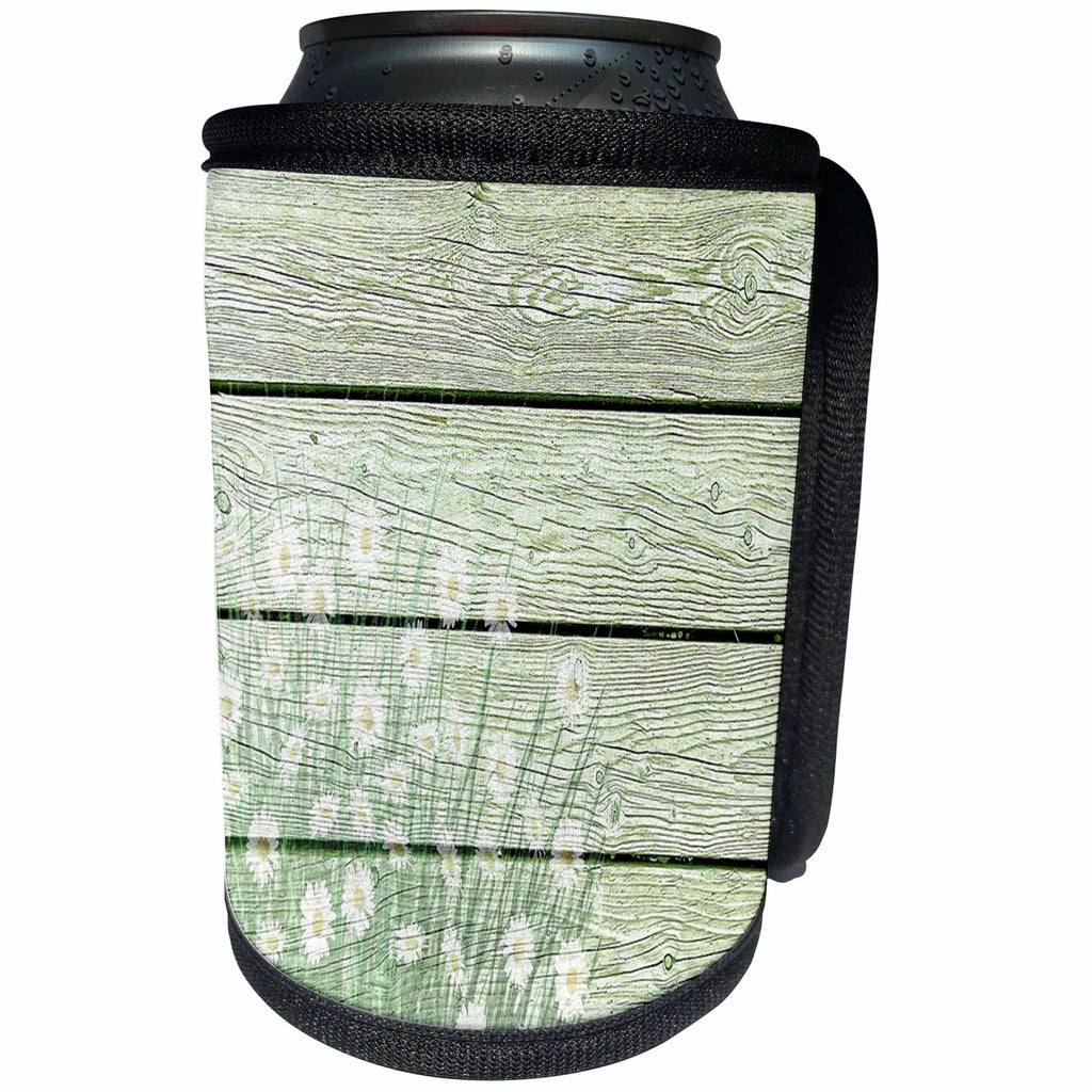 3dRose Spring Flowers - Image of Spring Daisies On Green Country Barn wood - Can Cooler Bottle Wrap (cc_280003)