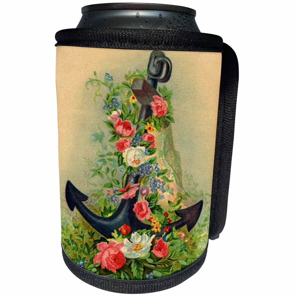 3dRose Spring Flowers - Image of Vintage Anchor Covered In Flowers - Can Cooler Bottle Wrap (cc_280007)