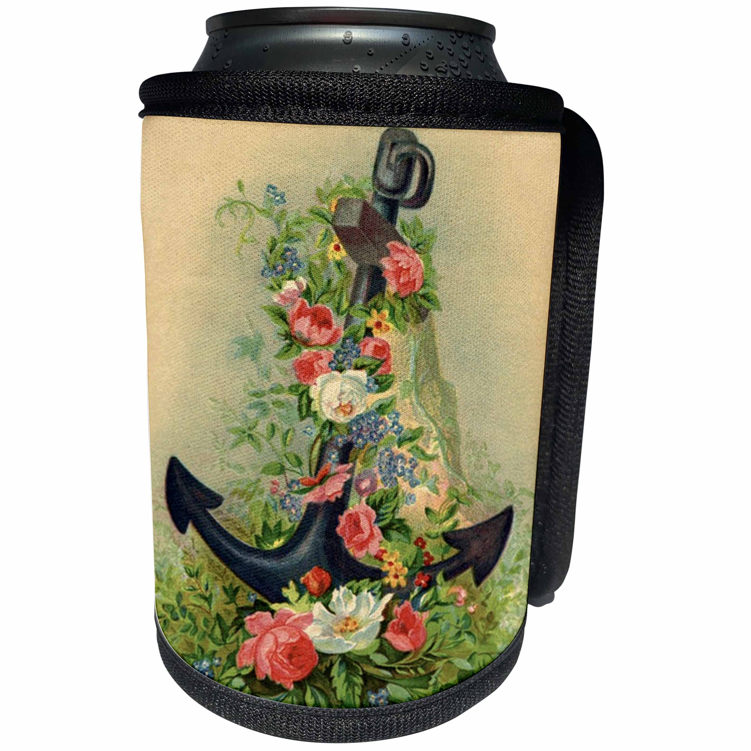 3dRose Spring Flowers - Image of Vintage Anchor Covered In Flowers - Can Cooler Bottle Wrap (cc_280007)