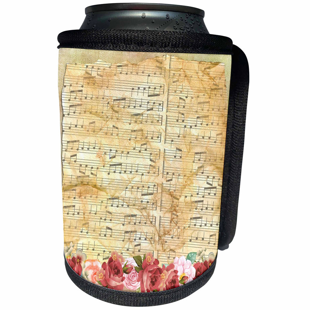 3dRose Spring Flowers - Image of Vintage Style Music Sheet With Roses - Can Cooler Bottle Wrap (cc_280009)