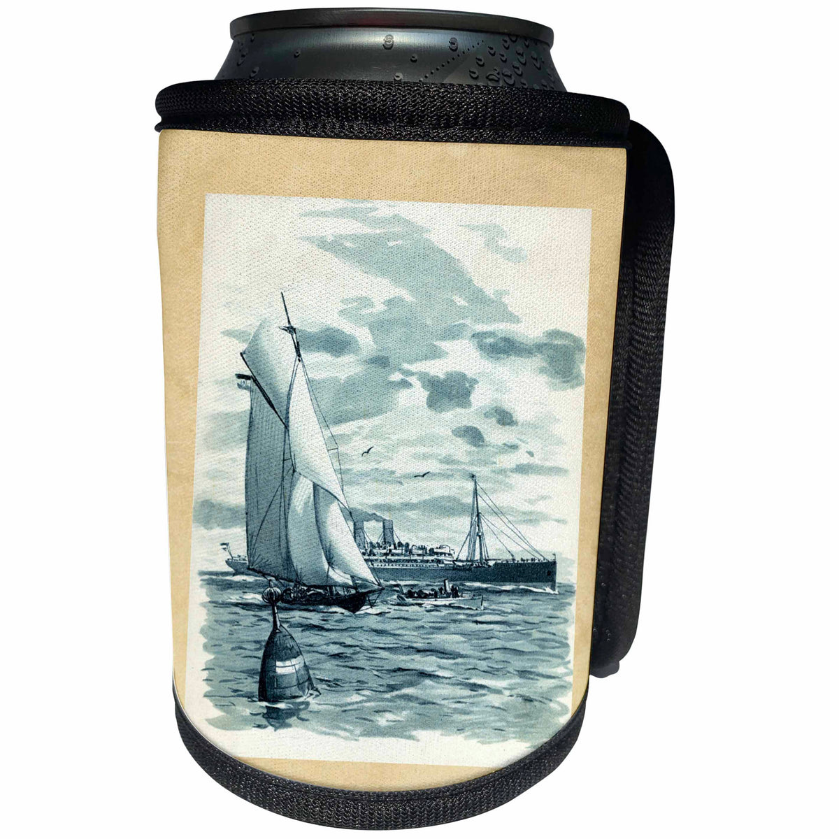 3dRose Vintage Style Nautical - Image of Vintage Style Blue Cruise Ship and Buoy - Can Cooler Bottle Wrap (cc_280010)