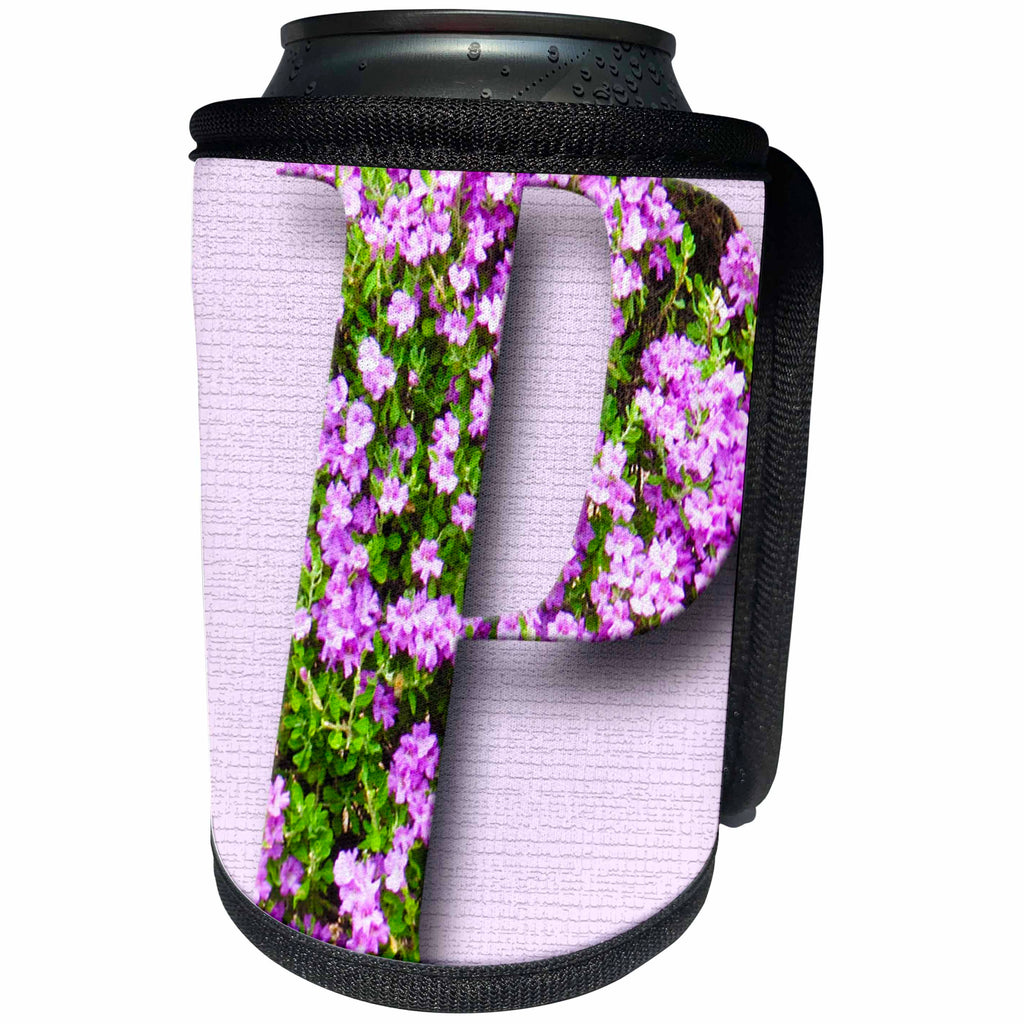 3dRose Jos Fauxtographee- Alphabet P - A purple and pink P with flowers on it on a pale lilac background - Can Cooler Bottle Wrap (cc_280041)