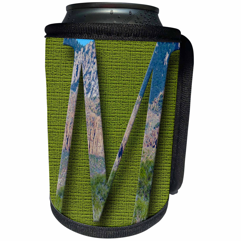3dRose Jos Fauxtographee- Alphabet M - The Letter M on a olive green backdrop with mountains on it - Can Cooler Bottle Wrap (cc_280052)
