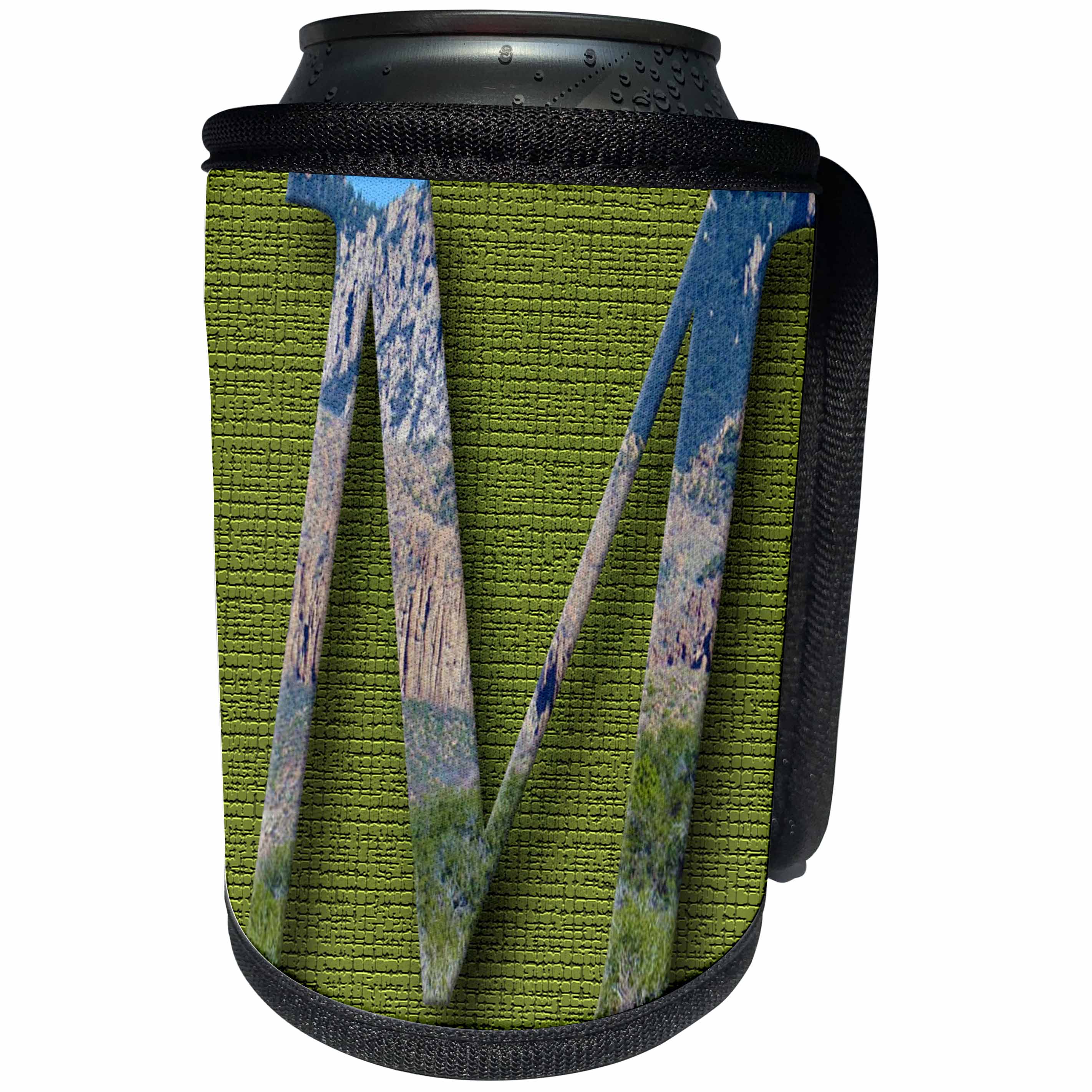 3dRose Jos Fauxtographee- Alphabet M - The Letter M on a olive green backdrop with mountains on it - Can Cooler Bottle Wrap (cc_280052)