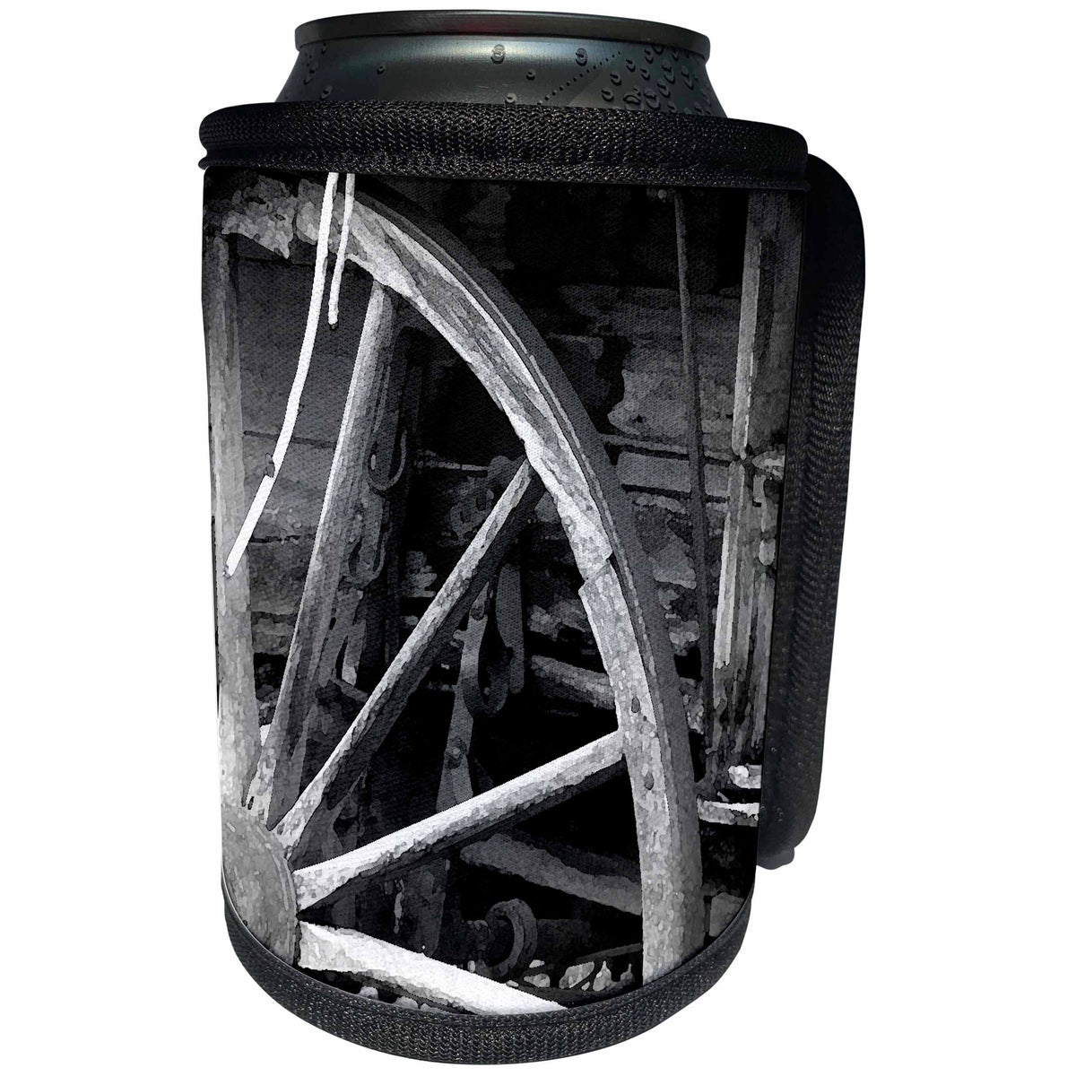 3dRose Jos Fauxtographee- Black and White Old Wheel - A black and white watercolor of a wooden wheel - Can Cooler Bottle Wrap (cc_280067)