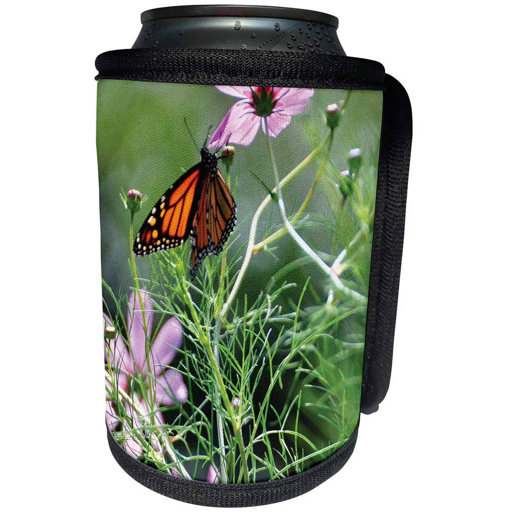 3dRose Wild Blackberry Studio - Nature - Butterfly sips nectar from some pink cosmos flowers - Can Cooler Bottle Wrap (cc_280090)