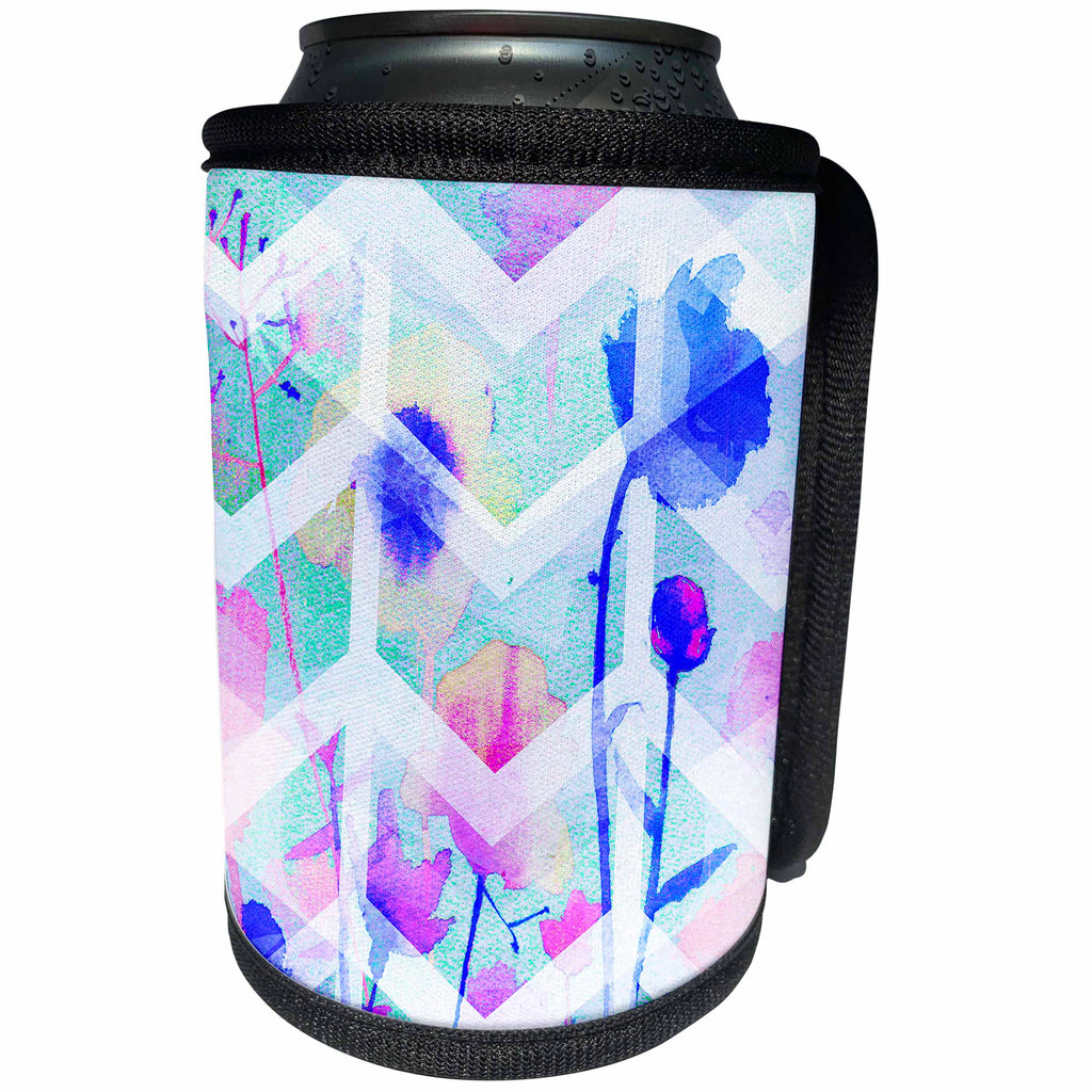 3dRose Sarah Ashmun Design - Flowers - Colorful flowers with blue background and chevron stripe - Can Cooler Bottle Wrap (cc_280132)