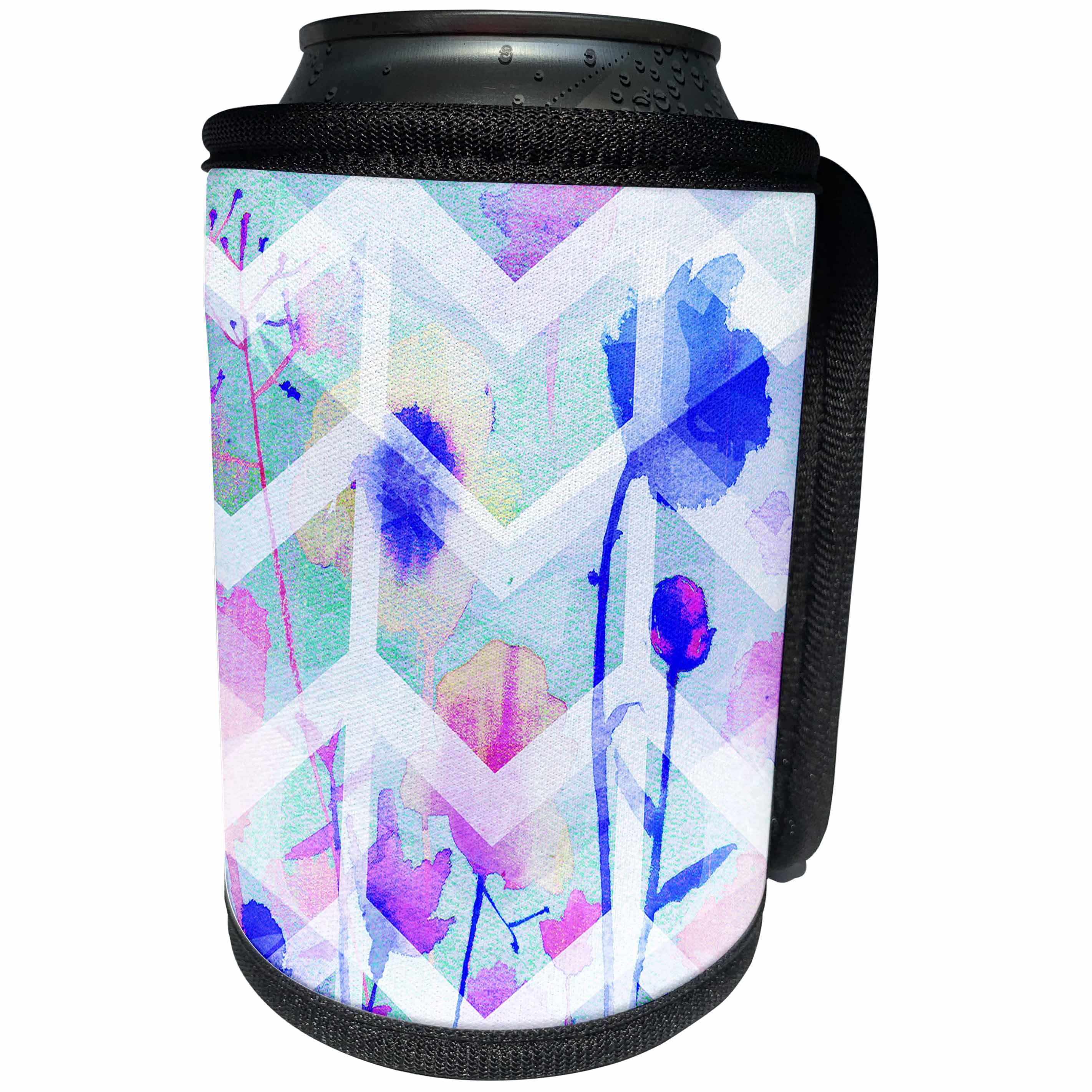 3dRose Sarah Ashmun Design - Flowers - Colorful flowers with blue background and chevron stripe - Can Cooler Bottle Wrap (cc_280132)