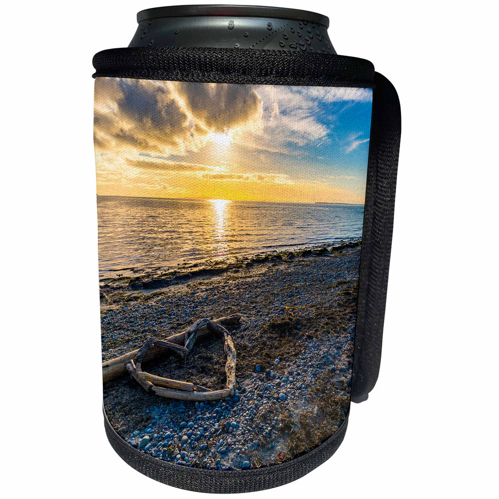 3dRose Elysium Photography - Seascape - Sunset and Log Heart Along the Shore, White Rock, British Columbia - Can Cooler Bottle Wrap (cc_280143)