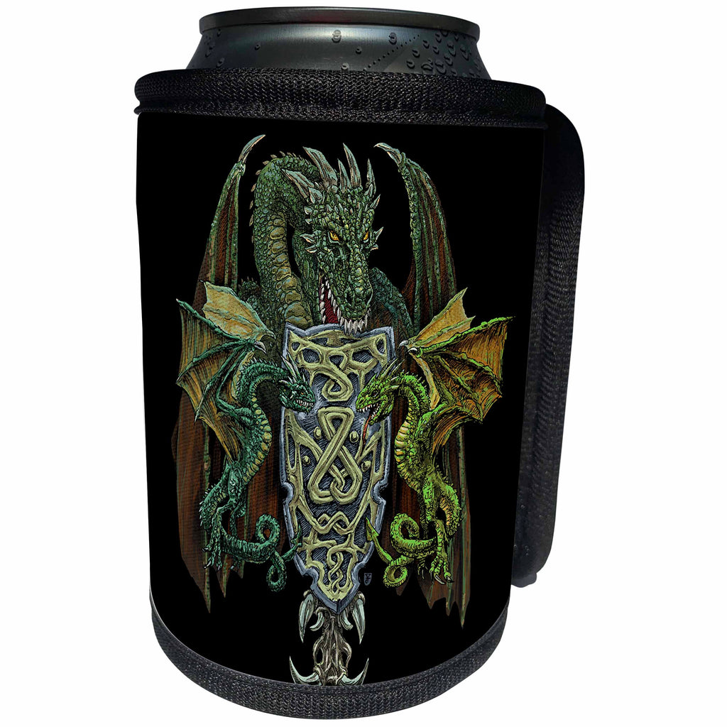 3dRose Justas Vebra Art - Fantasy Creatures And Heroes - Dragons with shield and Celtic ornaments in the dark - Can Cooler Bottle Wrap (cc_280169)