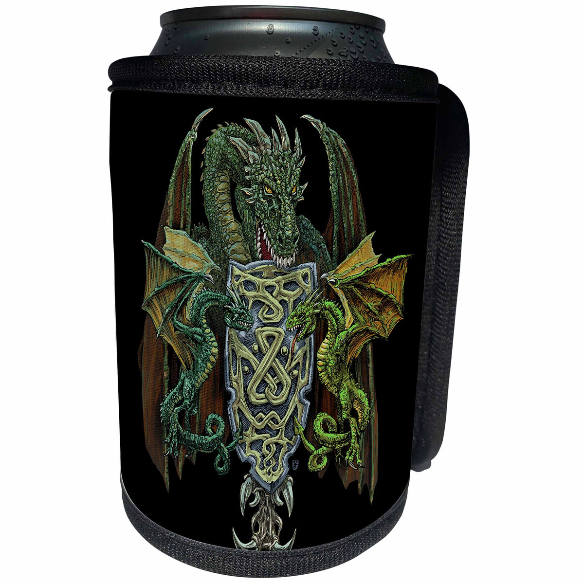 3dRose Justas Vebra Art - Fantasy Creatures And Heroes - Dragons with shield and Celtic ornaments in the dark - Can Cooler Bottle Wrap (cc_280169)