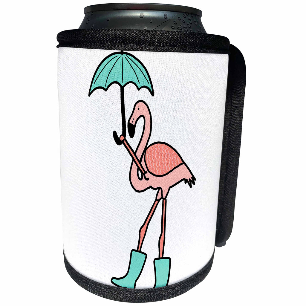 3dRose AllSouthernDesignTees - Birds - Funky cute pink flamingo holding an umbrella and wearing rain boots - Can Cooler Bottle Wrap (cc_280215)